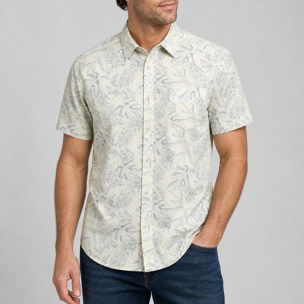 NEW Flag & Anthem Shirt Mens Large Cream Blue Pineapple Print Button Up Casual